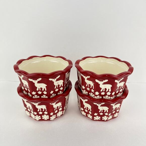 Artisan by Ciroa Reindeer Snowflake Ramekins Red and White Stoneware - Picture 1 of 4